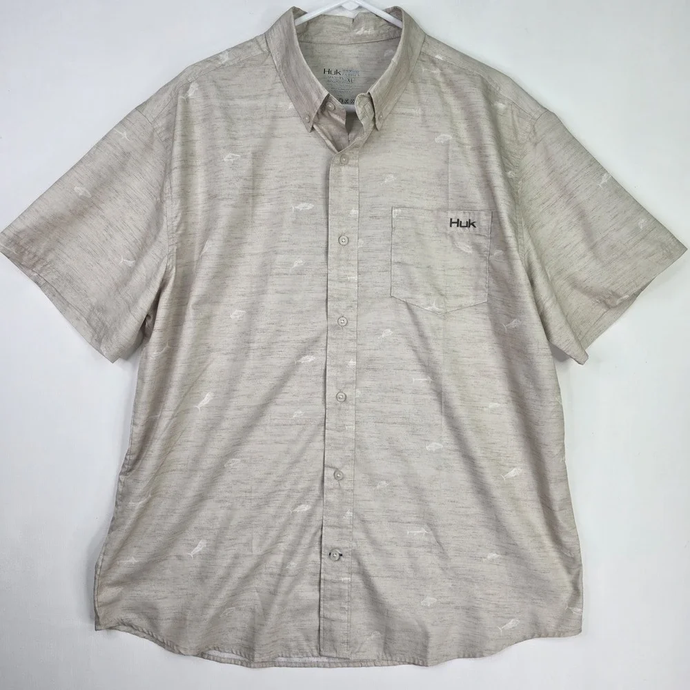 Huk Performance Men's XL Woven Teaser Short Sleeve Fish AOP Shirt-Bone/Brown - Picture 2 of 9